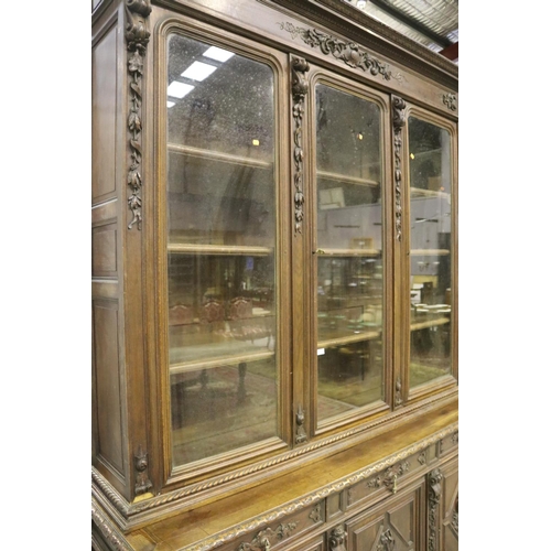 156 - Antique French Henri II carved oak three door bookcase buffet, approx 280cm H x 217cm W x 58cm D