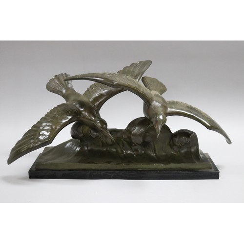 224 - Louis Sosson (-) France, bronze sculpture of two seagulls riding a wave, on marble base, approx 27cm... 