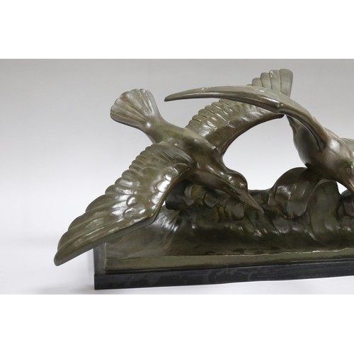 224 - Louis Sosson (-) France, bronze sculpture of two seagulls riding a wave, on marble base, approx 27cm... 