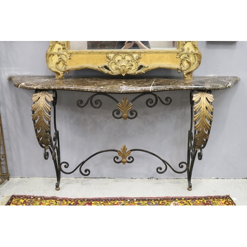 225 - Large French marble topped wrought iron console, applied gilt pressed leaf decoration, approx 99cm H... 