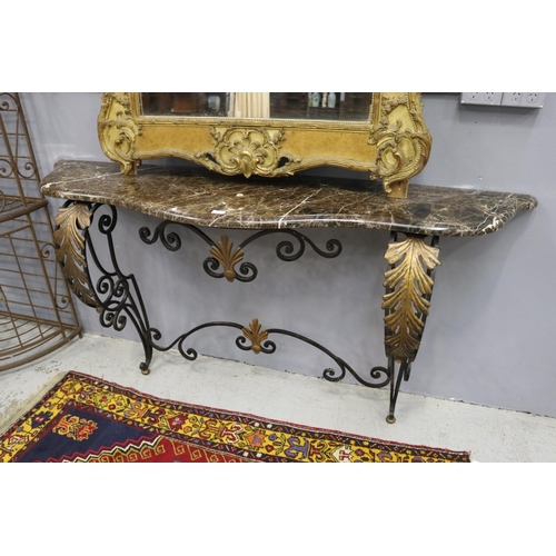 225 - Large French marble topped wrought iron console, applied gilt pressed leaf decoration, approx 99cm H... 