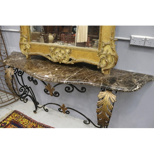 225 - Large French marble topped wrought iron console, applied gilt pressed leaf decoration, approx 99cm H... 