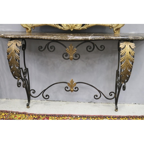225 - Large French marble topped wrought iron console, applied gilt pressed leaf decoration, approx 99cm H... 