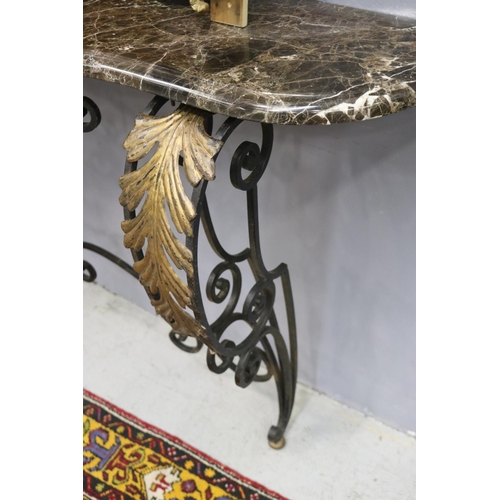 225 - Large French marble topped wrought iron console, applied gilt pressed leaf decoration, approx 99cm H... 