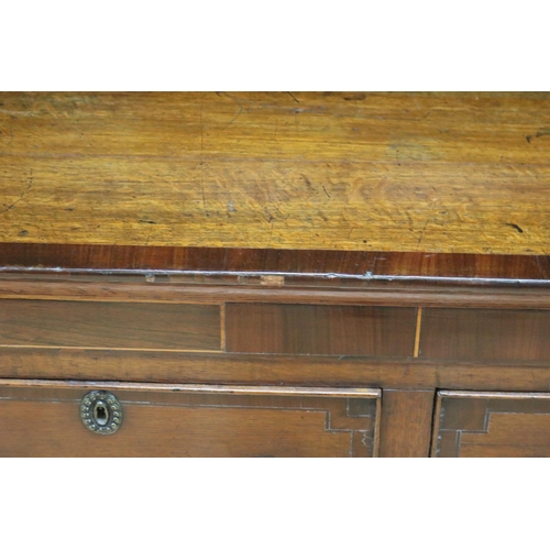 227 - Antique late 18th century oak and mahogany cross banded three drawer dresser, the open central shelf... 