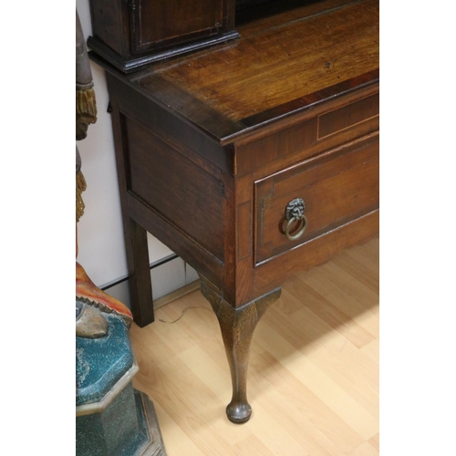 227 - Antique late 18th century oak and mahogany cross banded three drawer dresser, the open central shelf... 