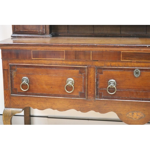 227 - Antique late 18th century oak and mahogany cross banded three drawer dresser, the open central shelf... 