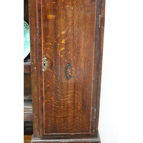 227 - Antique late 18th century oak and mahogany cross banded three drawer dresser, the open central shelf... 