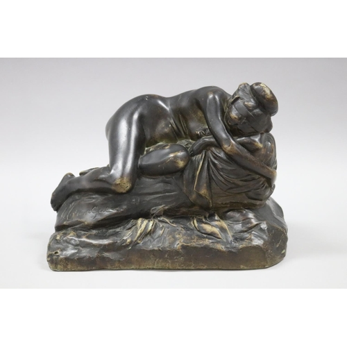 229 - G Crinque? French, terracotta figure nude woman sleeping upon a draped rock, signed lower left, appr... 