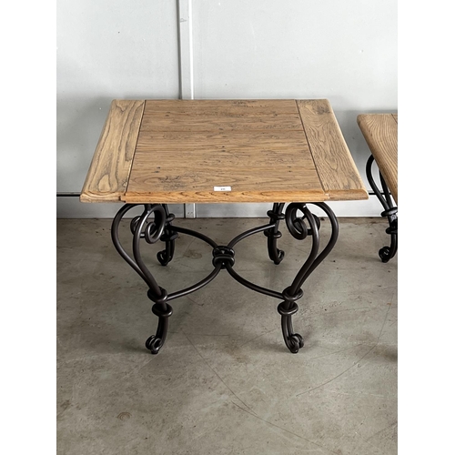 26 - Quality oak topped hand forged wrought iron based side or lamp table, approx 53cm H x 66cm square