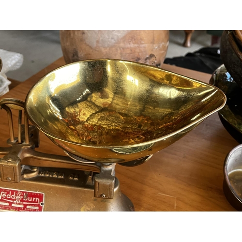 46 - Wedderburn scales, with brass pans, approx 24cm H x 55cm W
