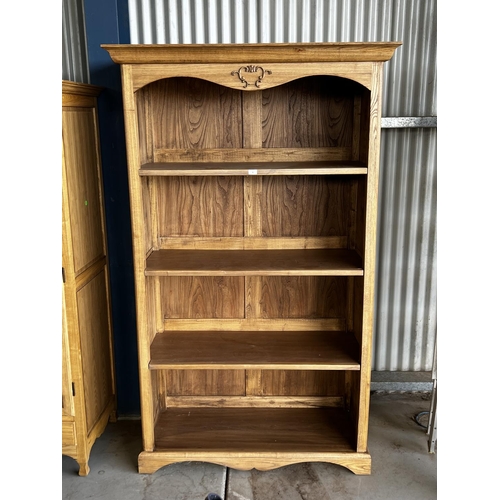 6 - Modern French style oak open shelf bookcase, approx 211cm H x 128cm W x 53cm D