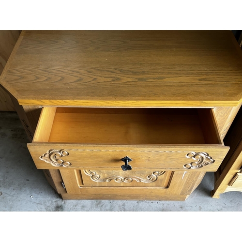 8 - Modern oak cupboard, with single drawer and cupboard below, carved detail, approx 88cm x 96cm W x 44... 