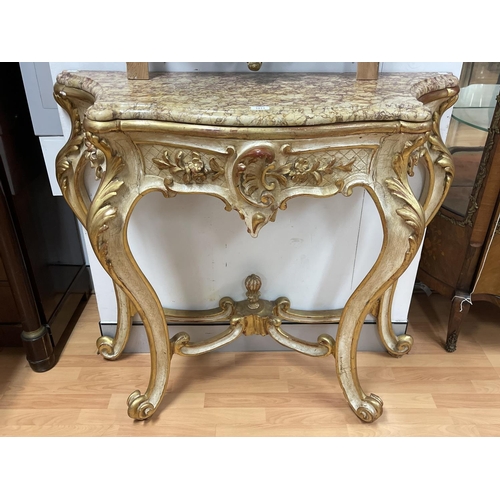 232 - Antique 19th century French painted and raised gilt gesso marble topped console, approx 102cm H x 11... 
