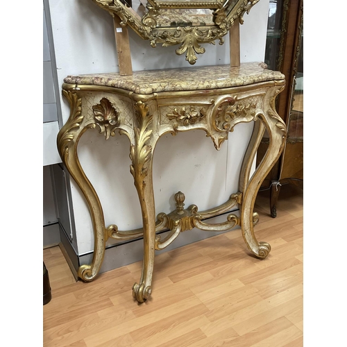 232 - Antique 19th century French painted and raised gilt gesso marble topped console, approx 102cm H x 11... 