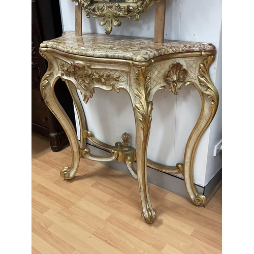 232 - Antique 19th century French painted and raised gilt gesso marble topped console, approx 102cm H x 11... 