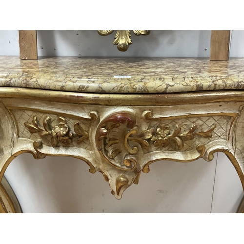 232 - Antique 19th century French painted and raised gilt gesso marble topped console, approx 102cm H x 11... 