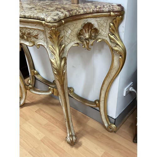 232 - Antique 19th century French painted and raised gilt gesso marble topped console, approx 102cm H x 11... 