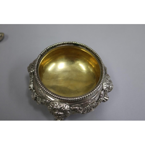 3 - Pair of heavy large antique sterling silver footed salts, with gilt washed interiors. Cast in high r... 