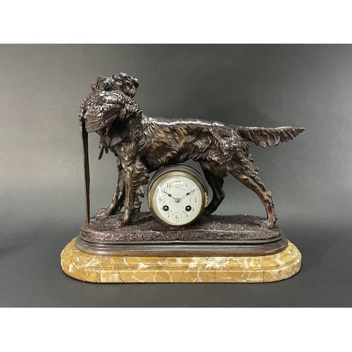 244 - Antique patinated spelter mantle clock, after Jules Moigniez (French, 1835-1894), late 19th century,... 