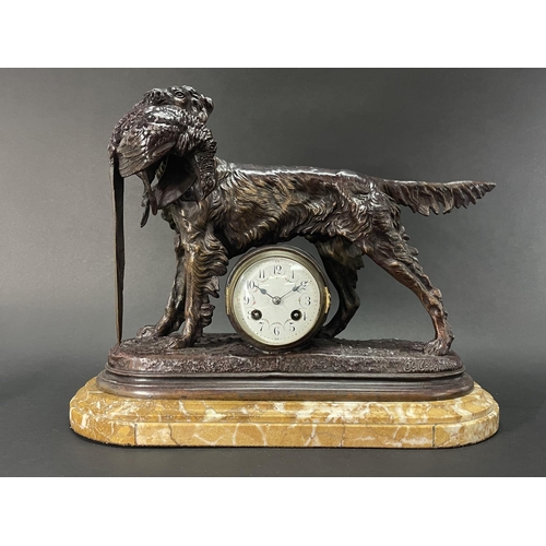 244 - Antique patinated spelter mantle clock, after Jules Moigniez (French, 1835-1894), late 19th century,... 