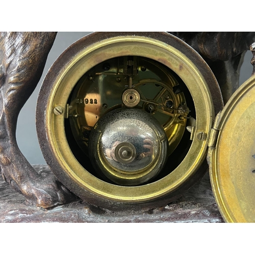 244 - Antique patinated spelter mantle clock, after Jules Moigniez (French, 1835-1894), late 19th century,... 