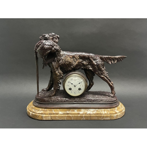 244 - Antique patinated spelter mantle clock, after Jules Moigniez (French, 1835-1894), late 19th century,... 