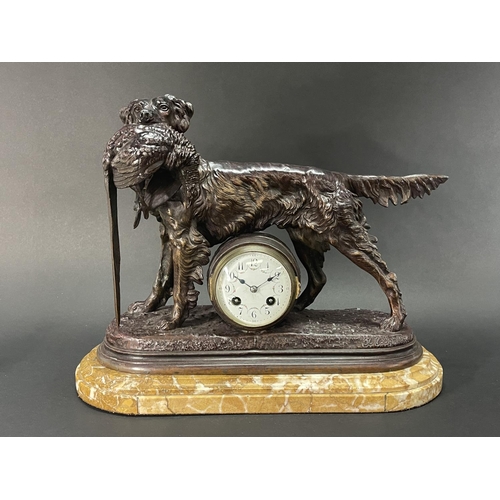 244 - Antique patinated spelter mantle clock, after Jules Moigniez (French, 1835-1894), late 19th century,... 