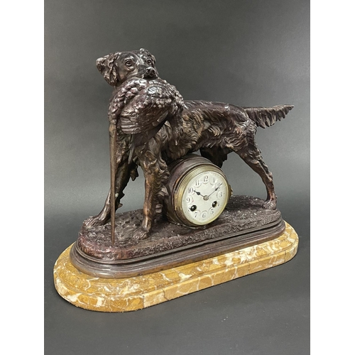 244 - Antique patinated spelter mantle clock, after Jules Moigniez (French, 1835-1894), late 19th century,... 