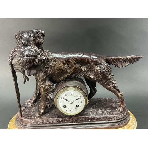 244 - Antique patinated spelter mantle clock, after Jules Moigniez (French, 1835-1894), late 19th century,... 