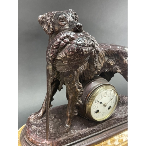 244 - Antique patinated spelter mantle clock, after Jules Moigniez (French, 1835-1894), late 19th century,... 