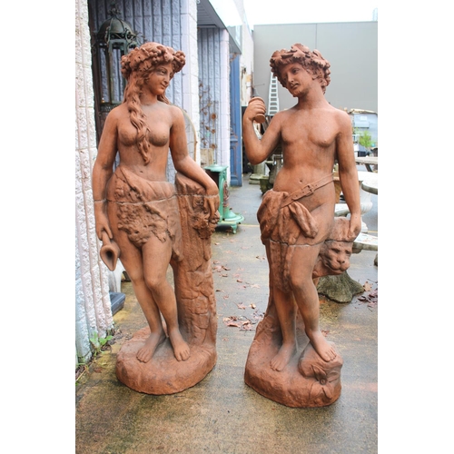 269 - Large antique French terracotta garden statues, male and female figures representing Harvest Wine, e... 