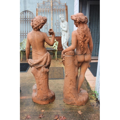 269 - Large antique French terracotta garden statues, male and female figures representing Harvest Wine, e... 