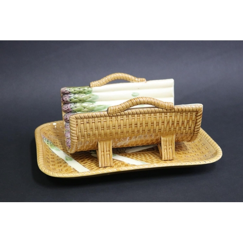 31 - Antique French basket weave majolica asparagus cradle and under dish, approx 30cm W x 23cm D (2)