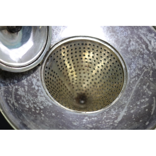 61 - Circular silver plated hinged cover strainer, approx 12.5cm Dia