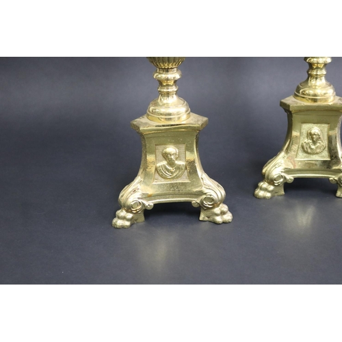 13 - Pair of antique French brass church tri form pickets, (polished), each approx 64cm H (2)