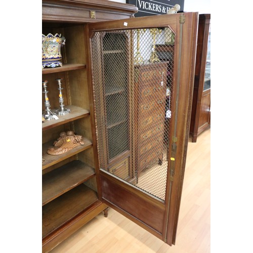21 - Antique French three door bookcase, with gilt brass lattice grills to the door fronts, adjustable sh... 