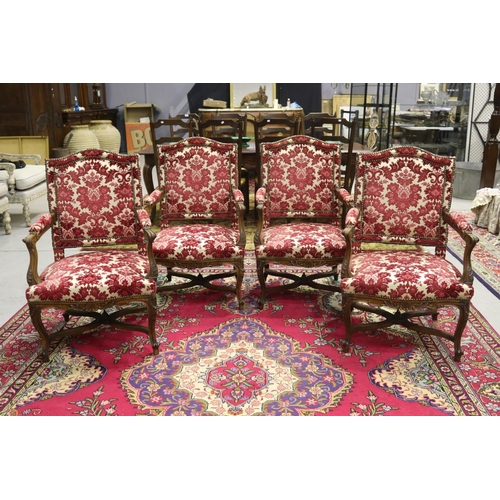 271 - Set of four antique French Louis XV style revival carved walnut arm chairs, each with studded uphols... 