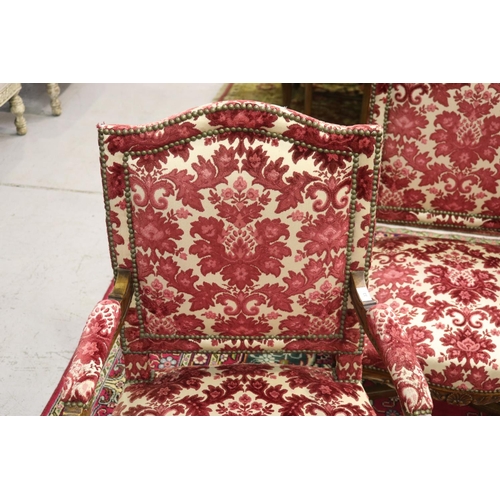 271 - Set of four antique French Louis XV style revival carved walnut arm chairs, each with studded uphols... 