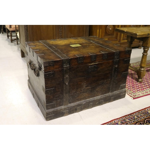272 - Very large example of an antique English oak silver chest, with iron mounts, central vacant brass pl... 