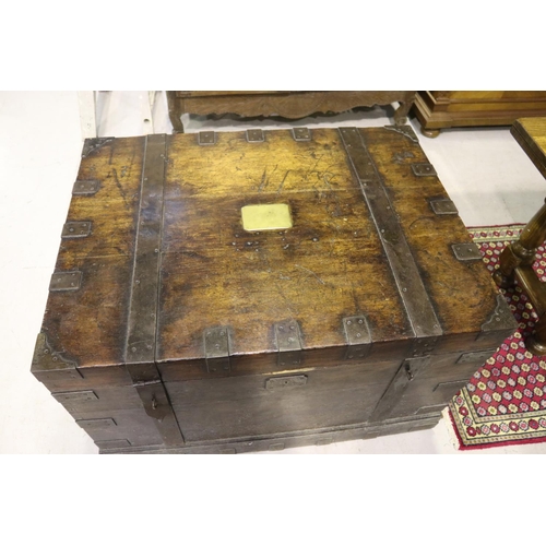 272 - Very large example of an antique English oak silver chest, with iron mounts, central vacant brass pl... 