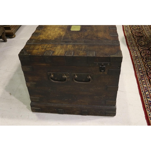 272 - Very large example of an antique English oak silver chest, with iron mounts, central vacant brass pl... 