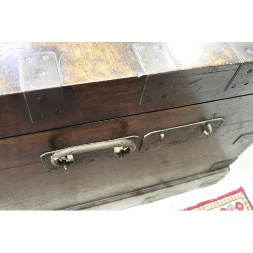 272 - Very large example of an antique English oak silver chest, with iron mounts, central vacant brass pl... 