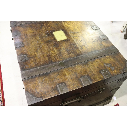 272 - Very large example of an antique English oak silver chest, with iron mounts, central vacant brass pl... 