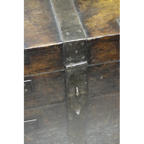 272 - Very large example of an antique English oak silver chest, with iron mounts, central vacant brass pl... 