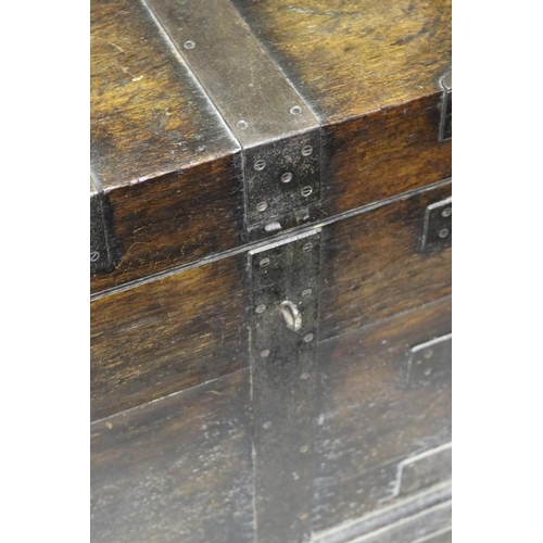 272 - Very large example of an antique English oak silver chest, with iron mounts, central vacant brass pl... 