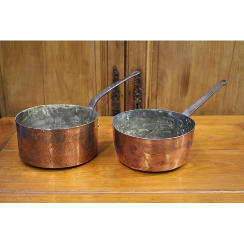 33 - Two French copper saucepans, one stamped with Missiller, each approx 22cm Dia (2)
