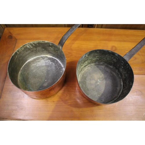 33 - Two French copper saucepans, one stamped with Missiller, each approx 22cm Dia (2)