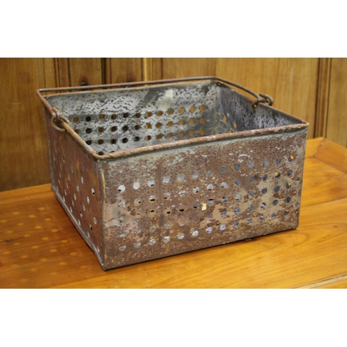 36 - Antique pierced metal basket with swing handle, for straining cheese, approx 18cm H ex handle x 34cm... 