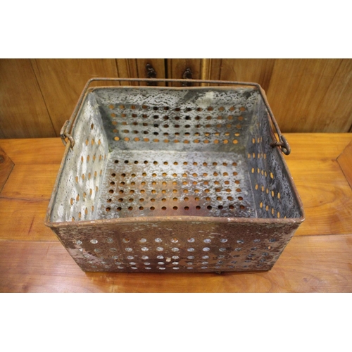 36 - Antique pierced metal basket with swing handle, for straining cheese, approx 18cm H ex handle x 34cm... 